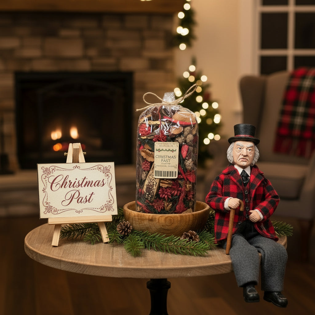 Decorative setup with a figurine, Christmas past sign, and festive elements in a cozy room.