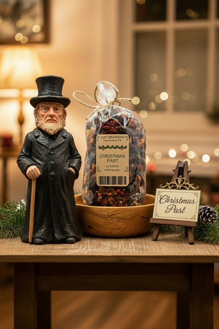 Bag of potpourri in a room setting next to Scrooge