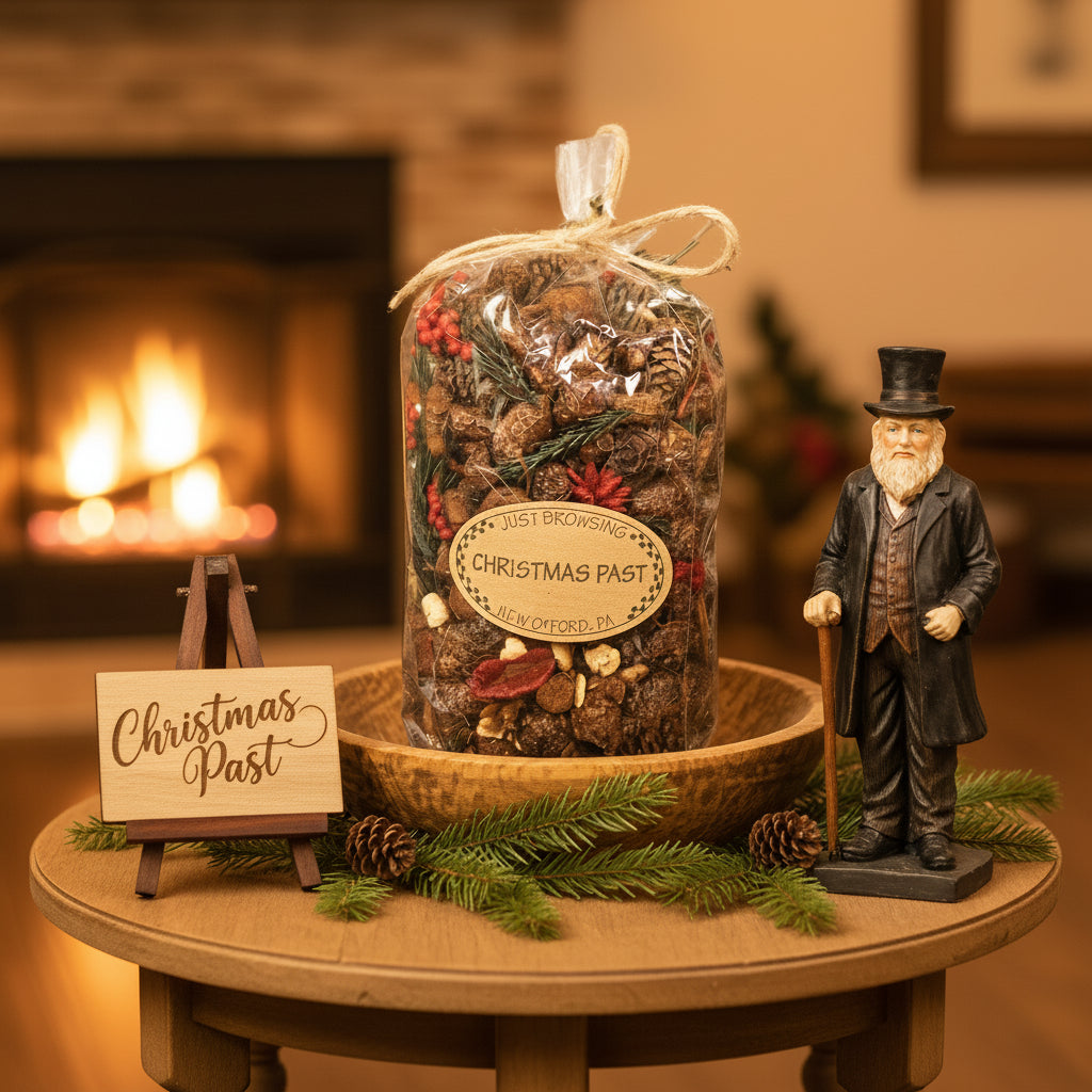 Decorative Christmas potpourri bag with a figurine and sign in front of a fireplace.