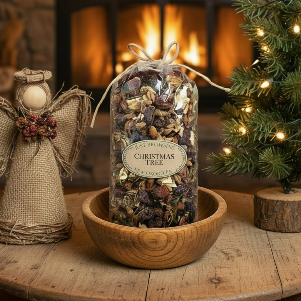 Bag of Christmas tree potpourri on a wooden table with a festive background