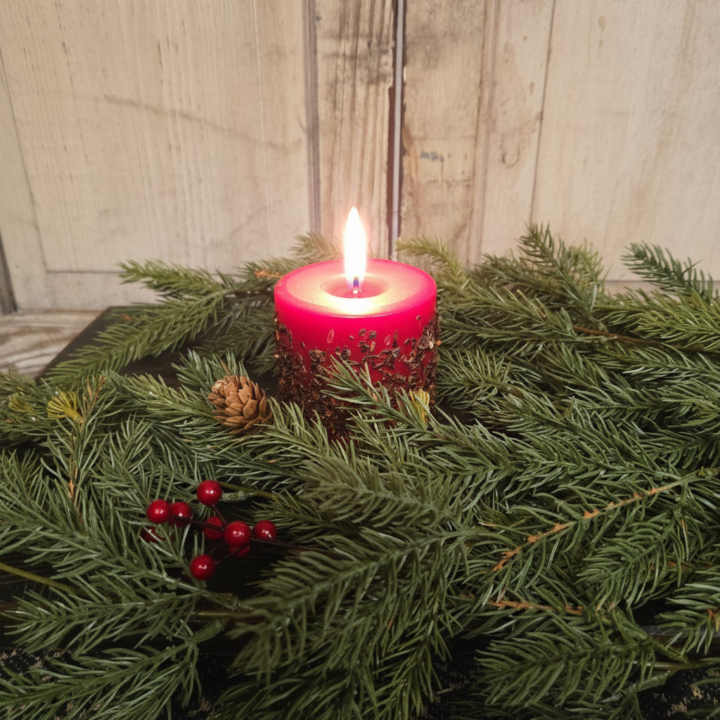 Pink candle in a decorative wreath with greenery and berries against a wooden background