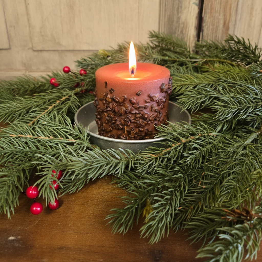 Decorative candle with pine branches and berries on a wooden surface