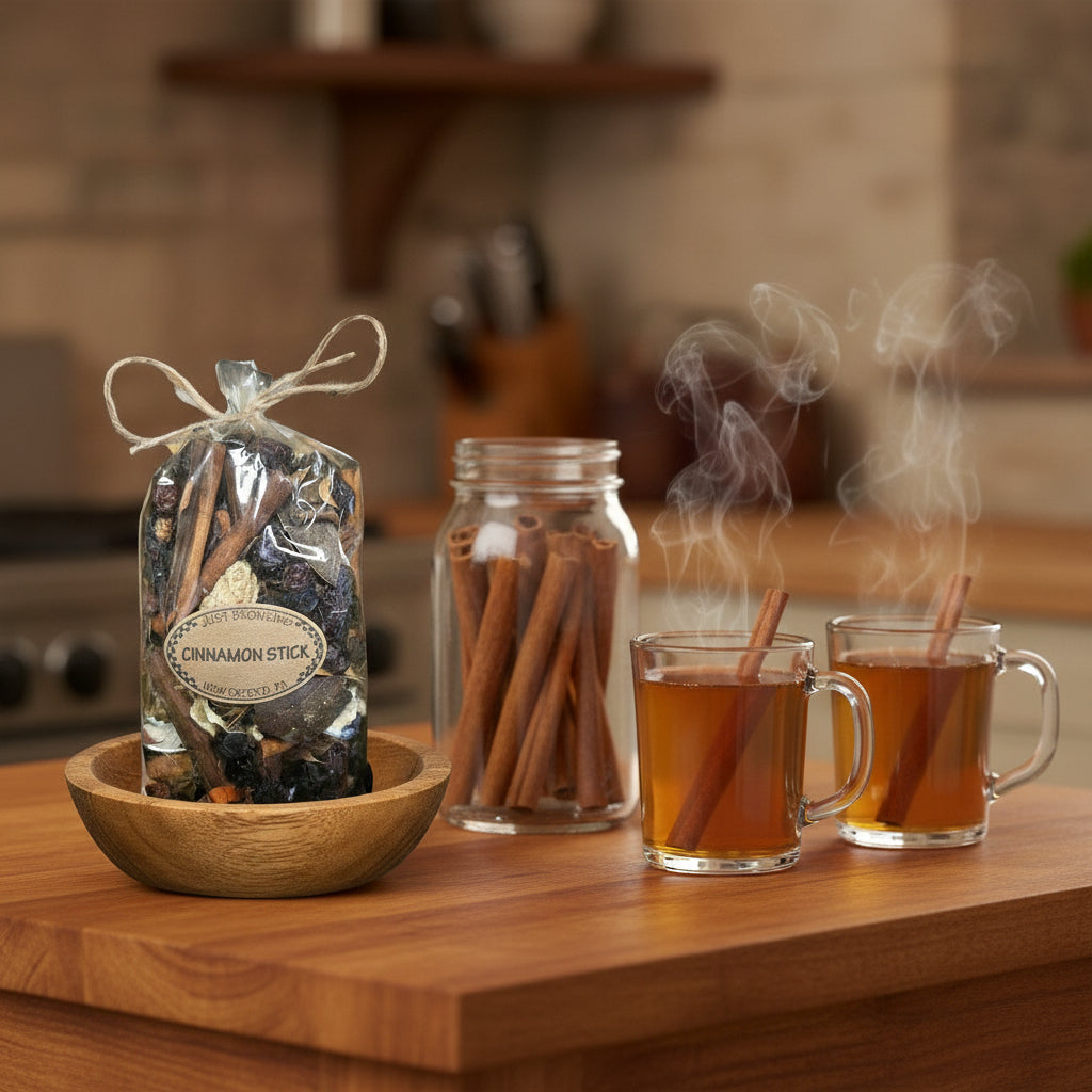 Potpourri and hot drinks on a wooden surface with a warm background