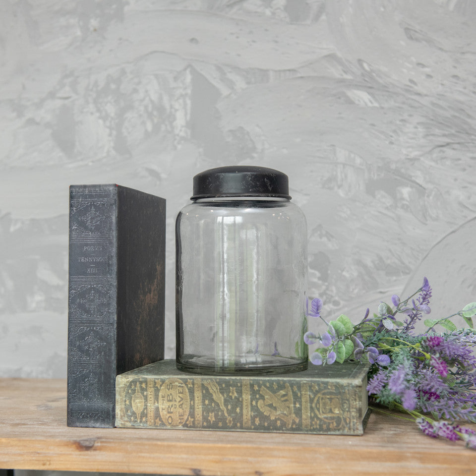 CLEAR GLASS APOTHOCARY JAR W/ BLACK LID