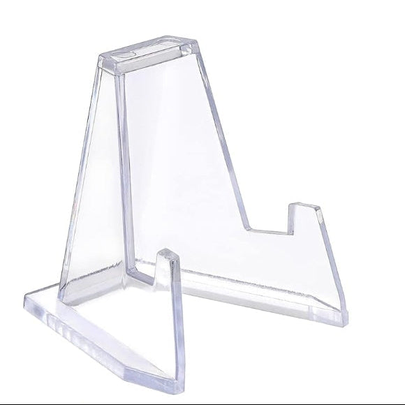 A clear plastic mini plate stand with a flat top, designed to hold small plates.