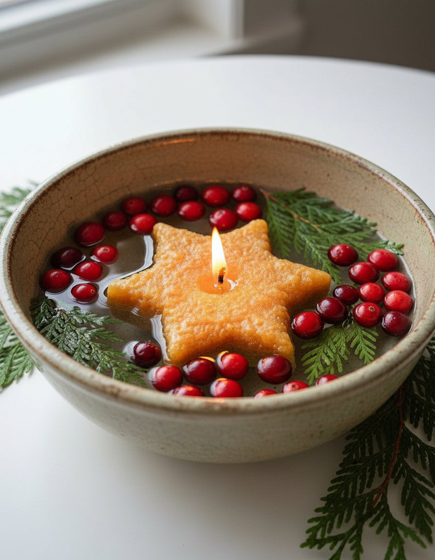 Floating star candle in bowl with cranberries and greens.