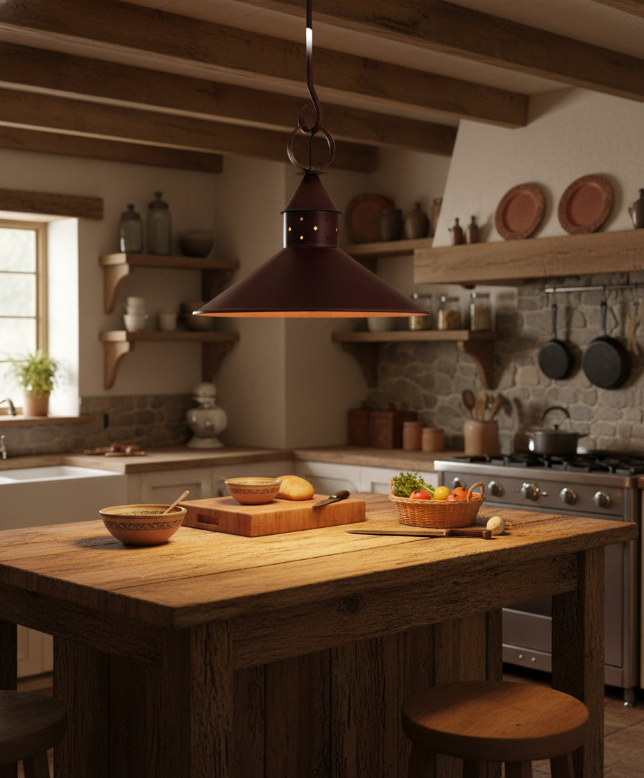 Reddish metal shade wired as a pendant lamp