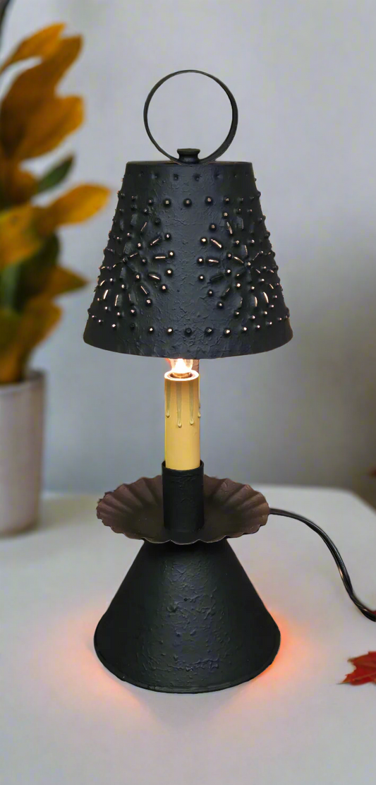 A textured black accent lamp with a candelabra base and a lampshade, wired with an E12/Candelabra socket.