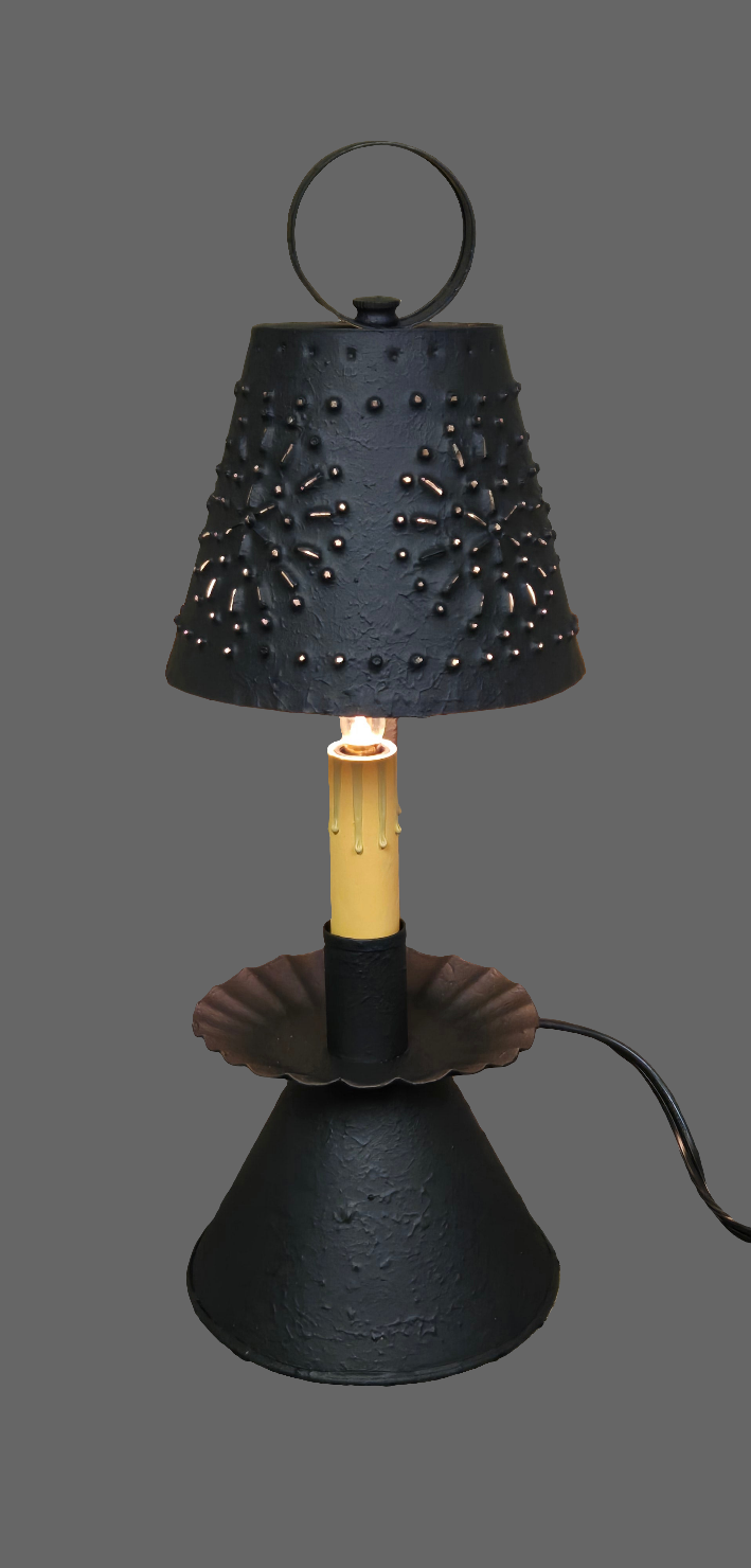 A textured black accent lamp with a candelabra base and a lampshade, wired with an E12/Candelabra socket.