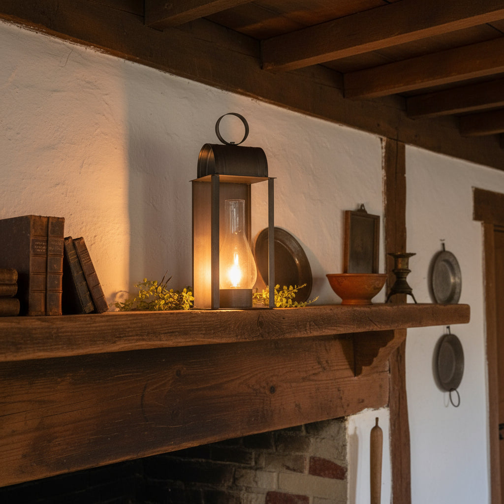 An electrified lantern light with a kettle black finish, featuring a 10-inch glass chimney, mounted on a white surface with greenery around it.