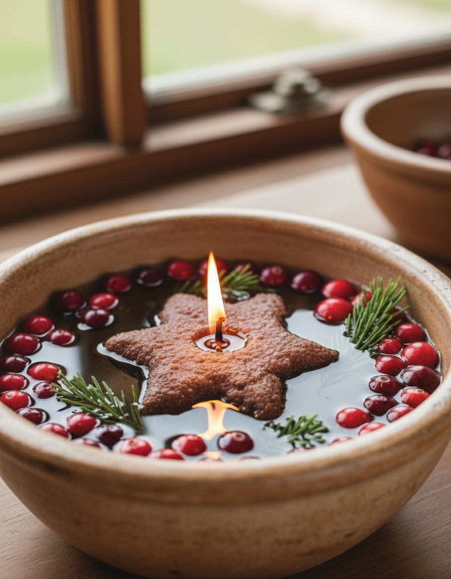 A brown floating candle designed in the shape of a large star floating in an old wooden Bowl with fresh cranberries and greens.