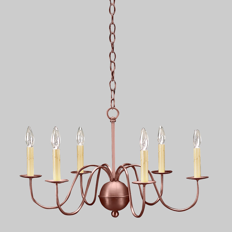Bronze chandelier with six candle-style lights on a gray background
