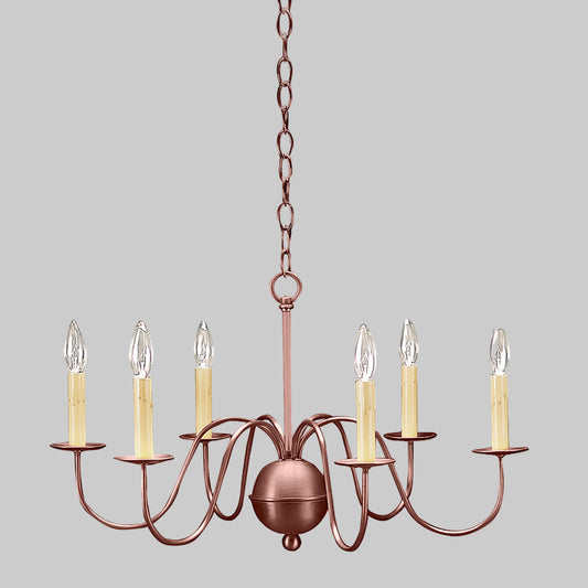 Bronze chandelier with six candle-style lights on a gray background