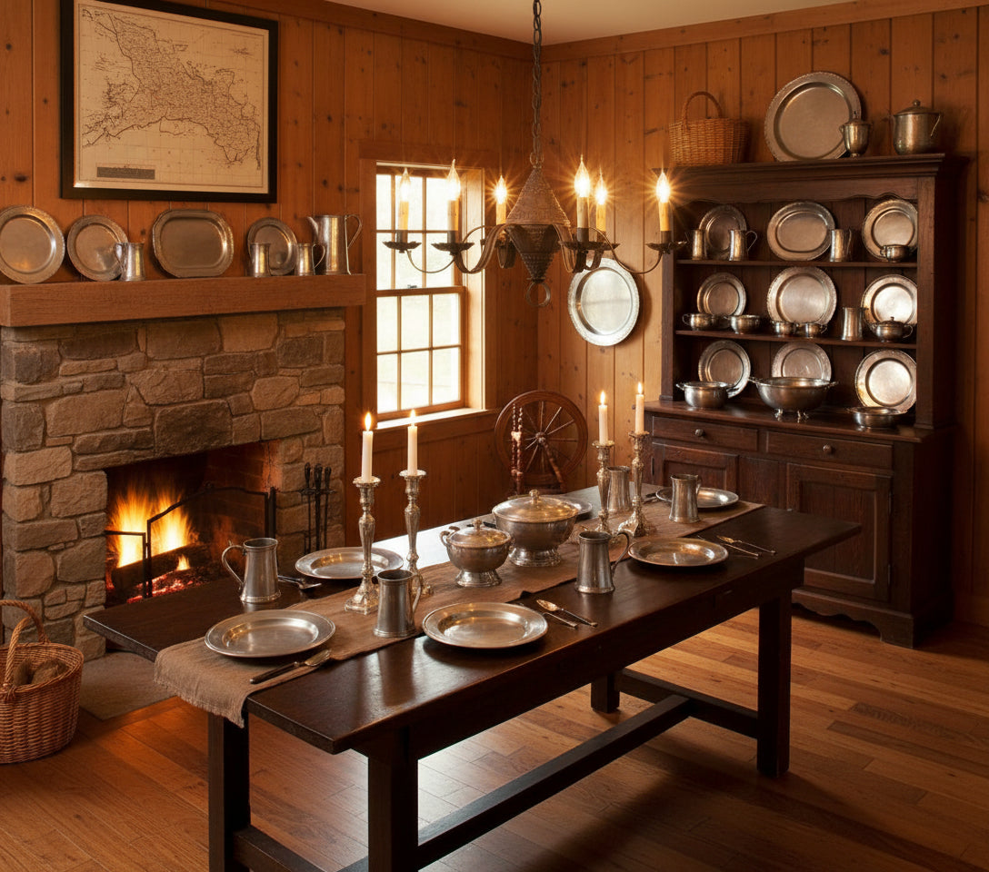 Black tin punched chandelier with six candle-style lights hanging over table in primitive home.