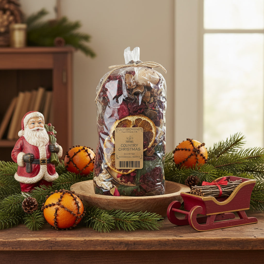 Bag of dried Christmas potpourri with festive decorations on a wooden surface.