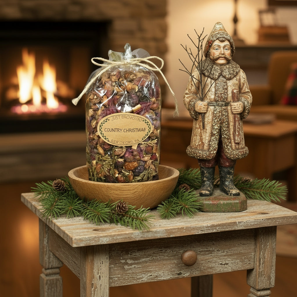 Bag of potpourri on a table with greens and a Belsnickel in a room setting.