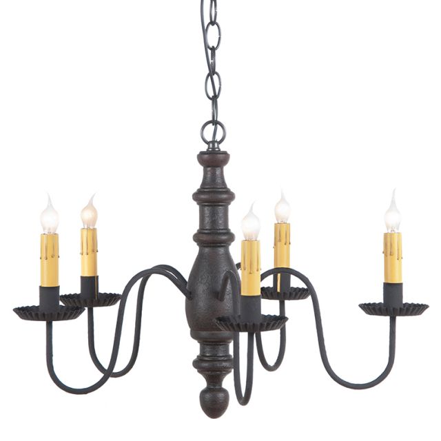 Primitive wooden five arm chandelier with 5 candelabra sockets in a black paint finish on white background.