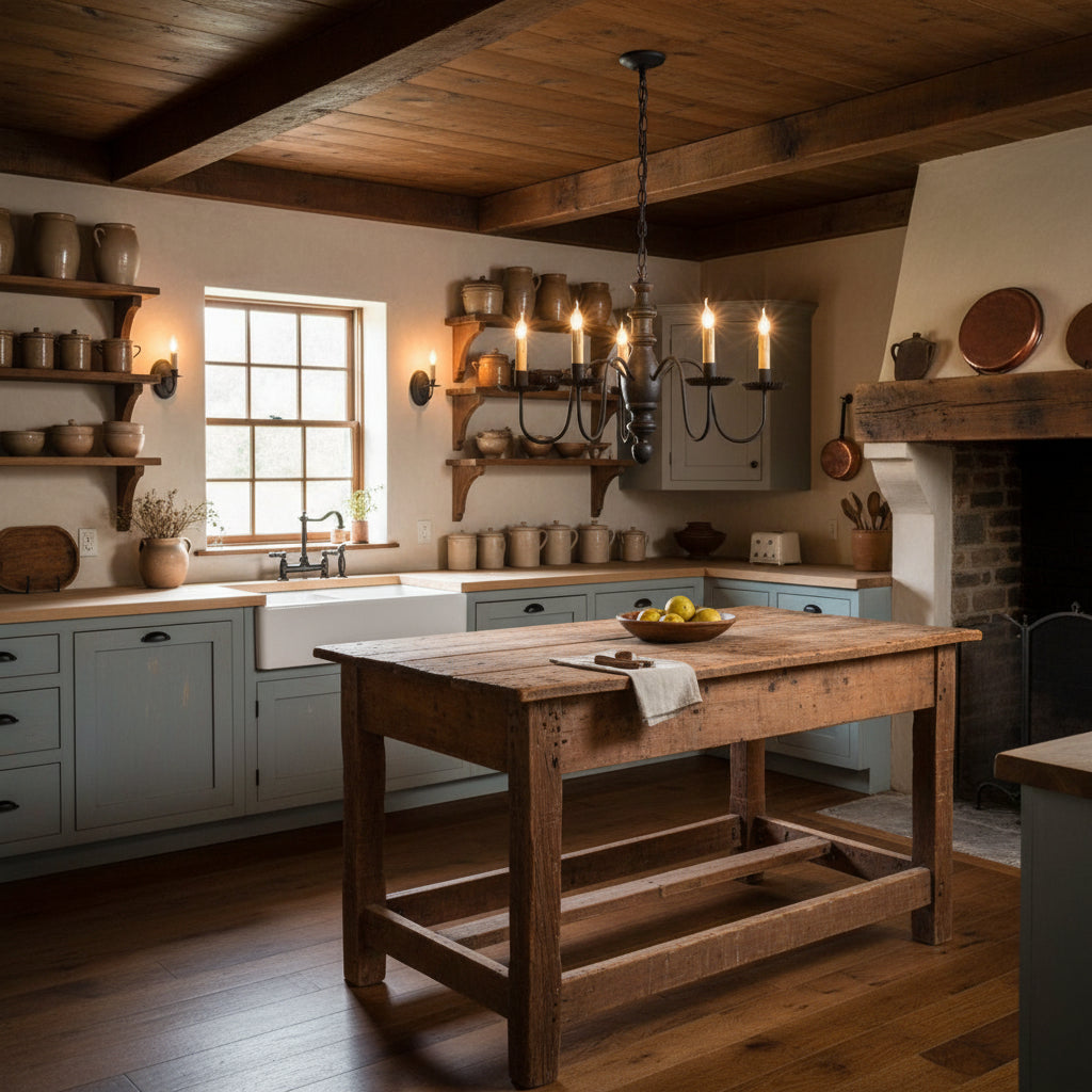 Primitive wooden five arm chandelier with 5 candelabra sockets in a black paint finish hanging over island in colonial home.