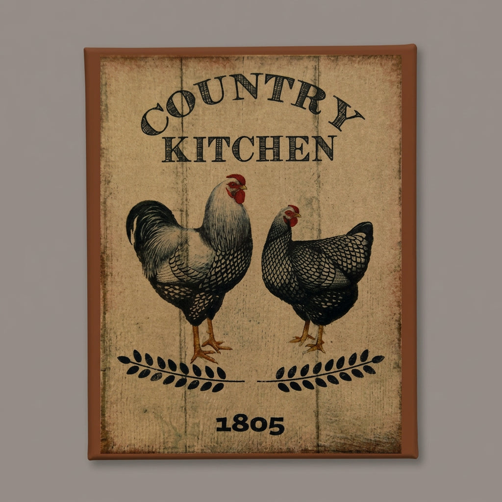 A rustic rectangular wooden sign with a weathered tan background and the words “COUNTRY KITCHEN” at the top, featuring illustrated rooster and hen figures, leaf motifs, and “1805” at the bottom.