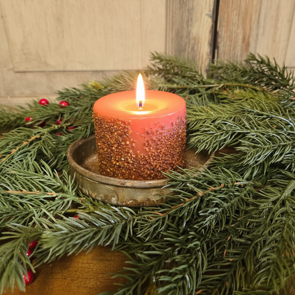 Candle with decorative glitter on a bed of greenery, likely for a festive or holiday setting.