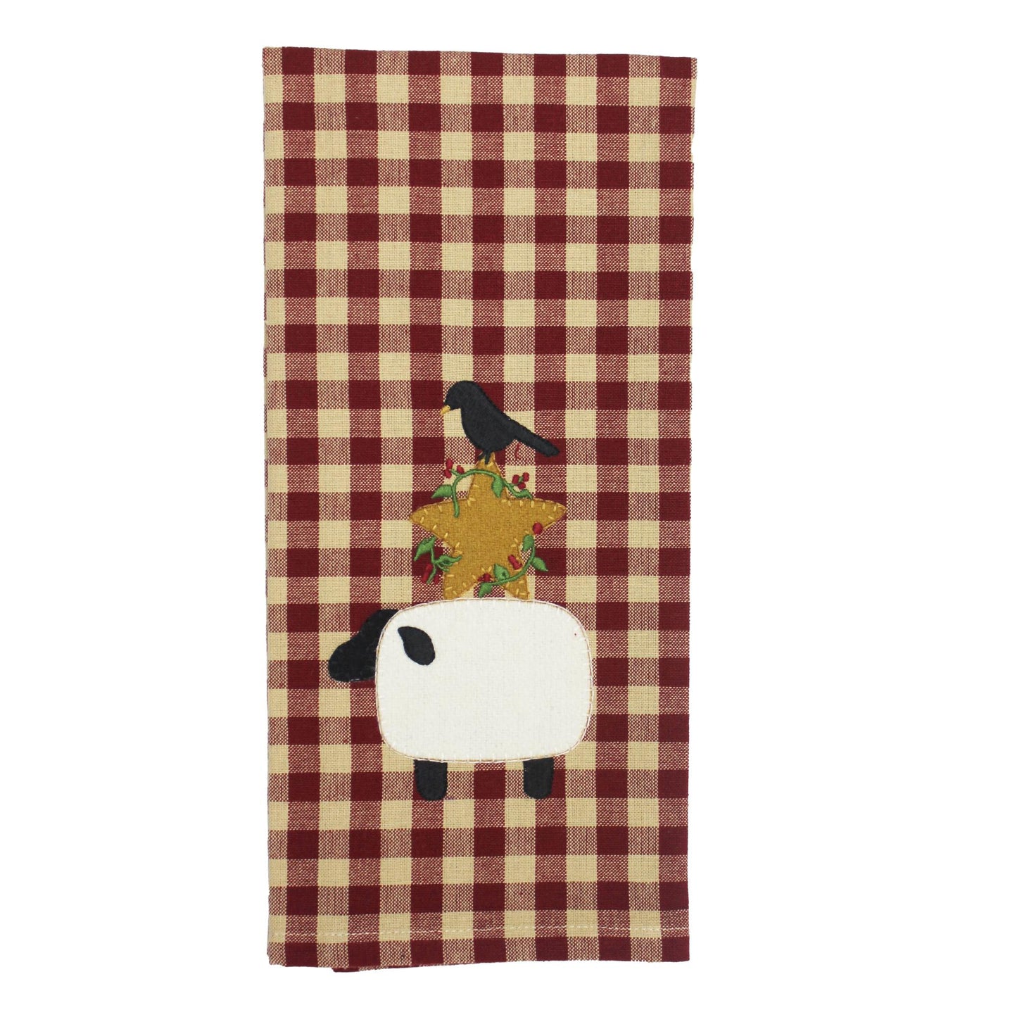 Red and tan checked hand towel with sheep, star and crow