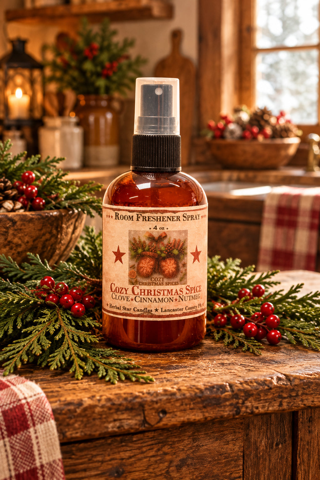 Room freshener spray bottle labeled 'Cozy Christmas Spice' on a wooden surface with snowflakes in the background.