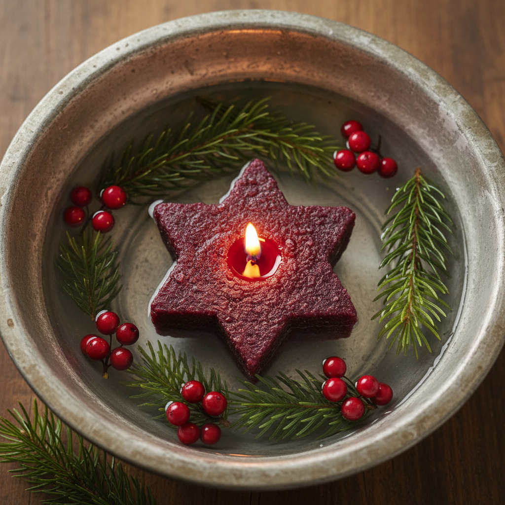 Star-shaped candle surrounded by greenery and red berries in a rustic metal dish.