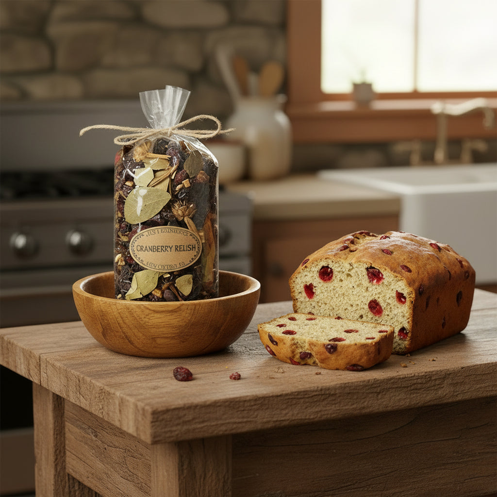 Bag of potpourri in a wooden bowl in a kitchen setting.
