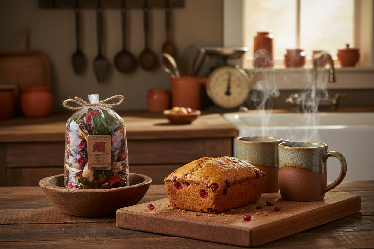 Loaf of bread on a wooden cutting board with two steaming mugs and a bag of tea in a kitchen setting.