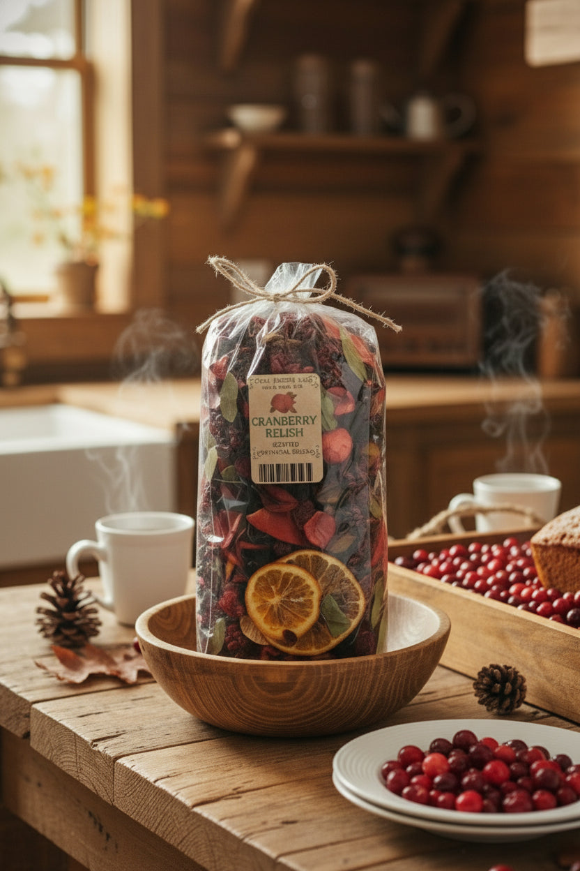 Bag of cranberry relish potpourri with a label on a table with a tray of cranberries.