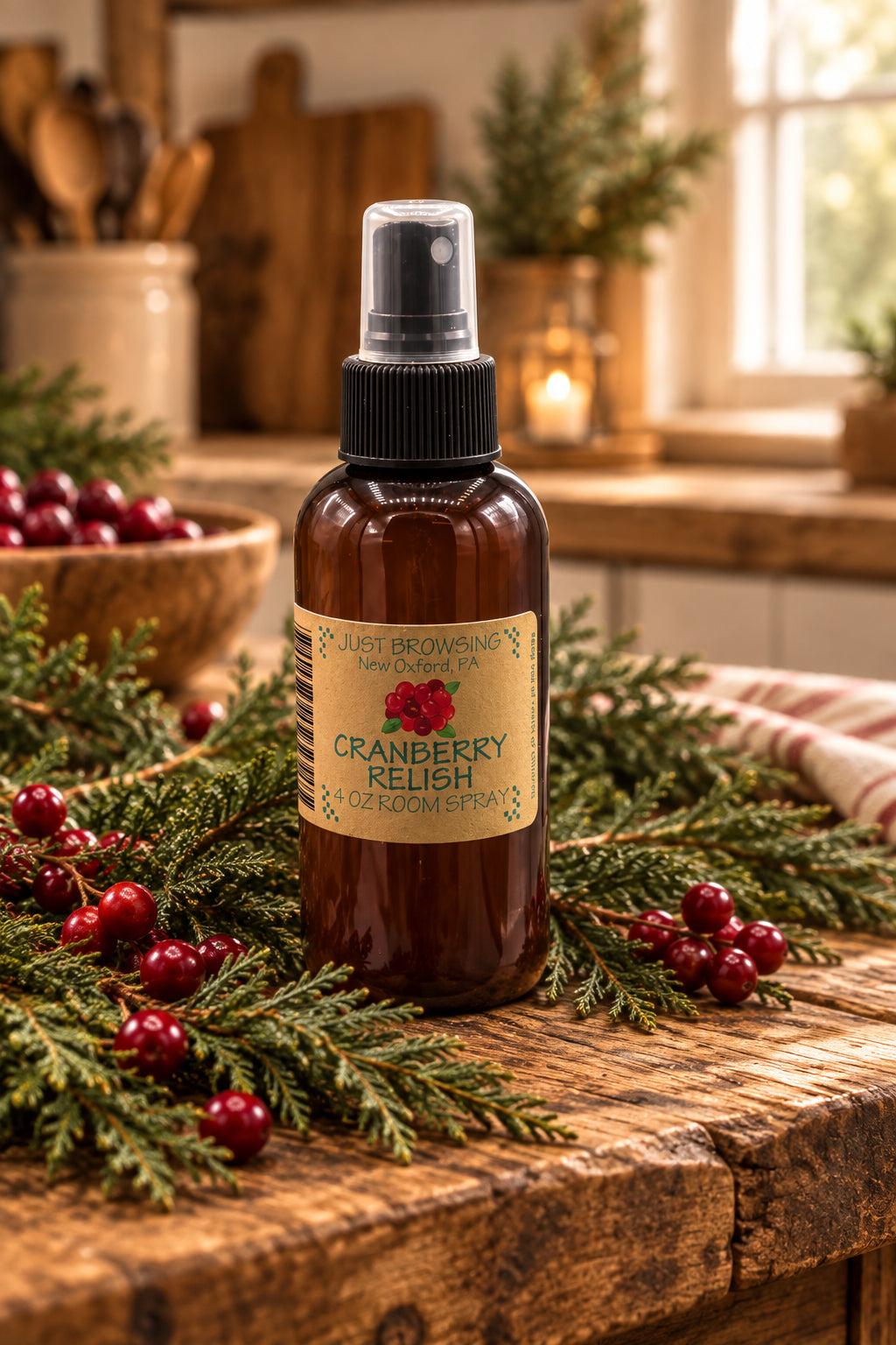 Brown spray bottle with a label on a gray background with cranberries and cinnamon sticks