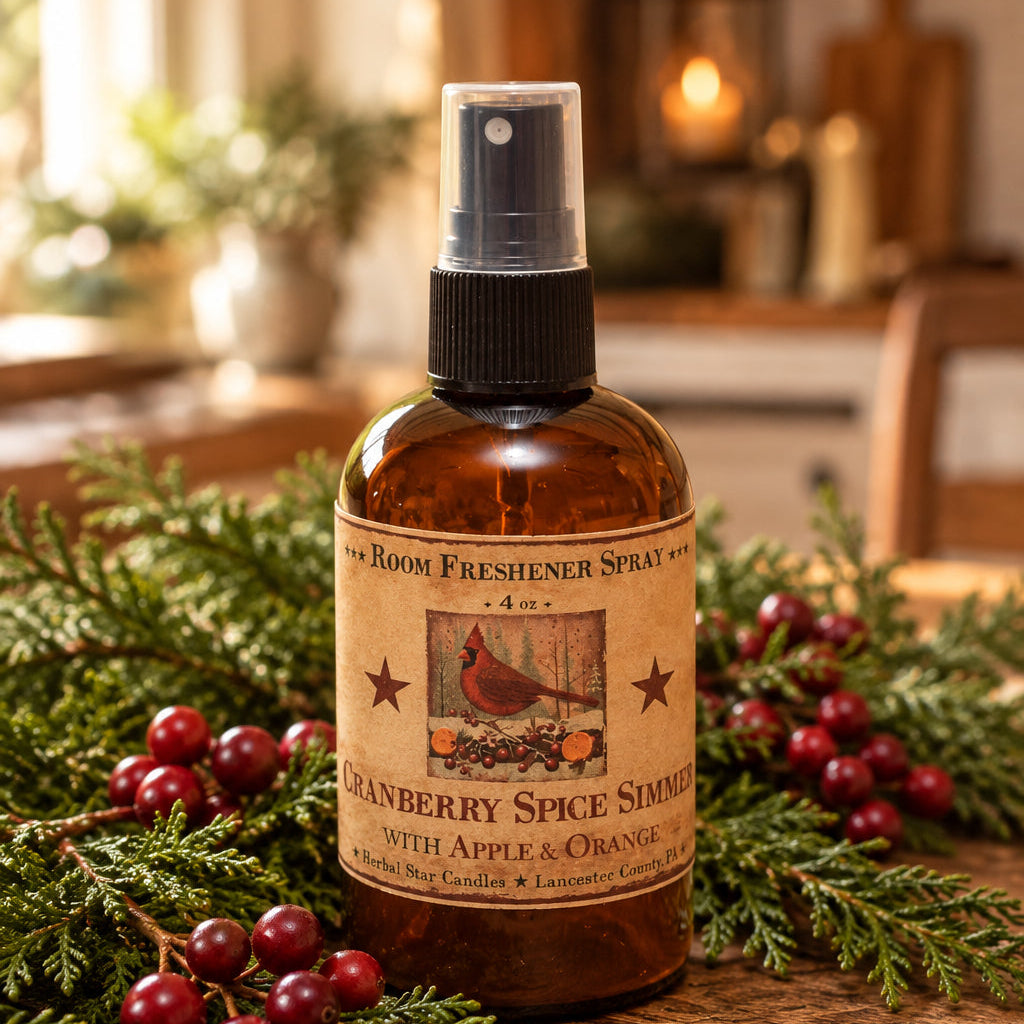 Room freshener spray bottle labeled 'Cranberry Spice Simmer' on a wooden surface with Christmas decorations in the background.