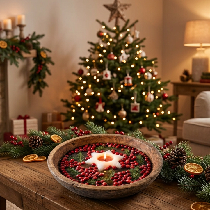 Lit star-shaped floating candle in a wooden bowl with cranberries and evergreen sprigs, displayed in front of a decorated Christmas tree.