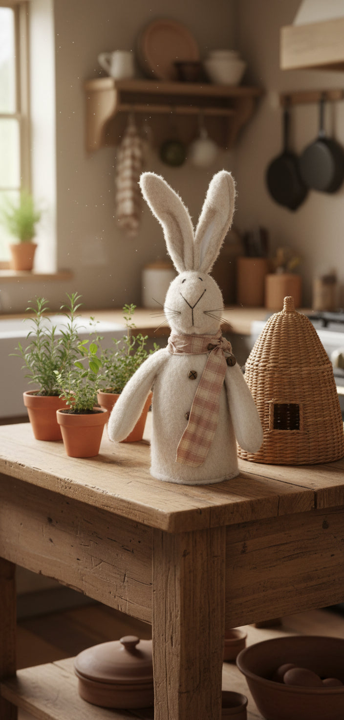 Cream colored bunny wearing scarf