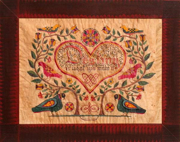 A detailed image of a fraktur artwork featuring a heart and birds, with text that says 'DESTINY IS WHAT YOU MAKE IT'.