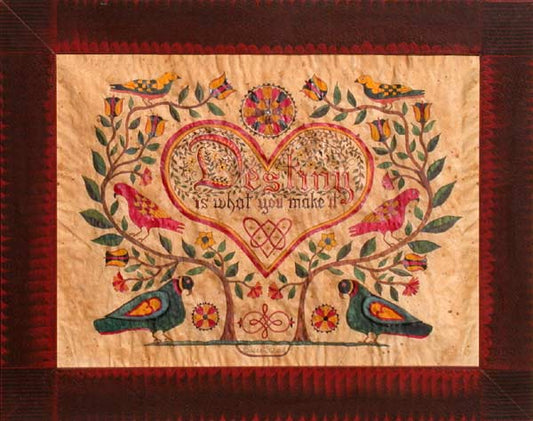 A detailed image of a fraktur artwork featuring a heart and birds, with text that says 'DESTINY IS WHAT YOU MAKE IT'.