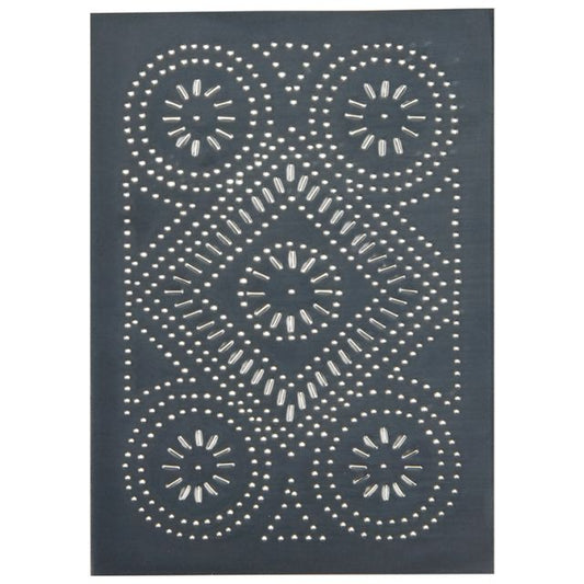 A black metal panel with a diamond grid design featuring country tin finish, handcrafted in Pennsylvania.