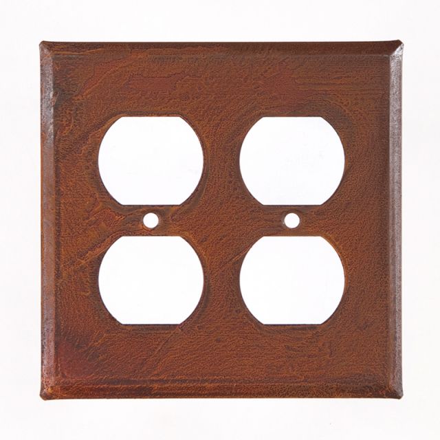 A double outlet cover with a rustic tin finish, featuring a matte lacquer protective coating, handcrafted in the USA.