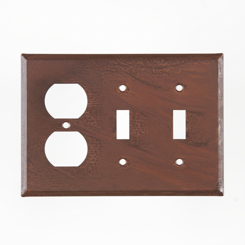 Wooden switch plate with two outlets and one toggle switche on a white background
