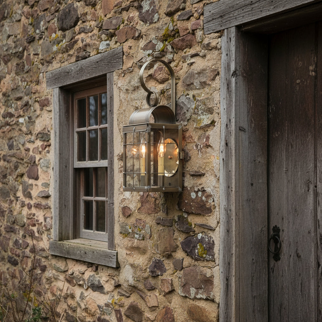 A double wall lantern in weathered brass with clear glass and a bronze-colored frame mounted on a stone wall.