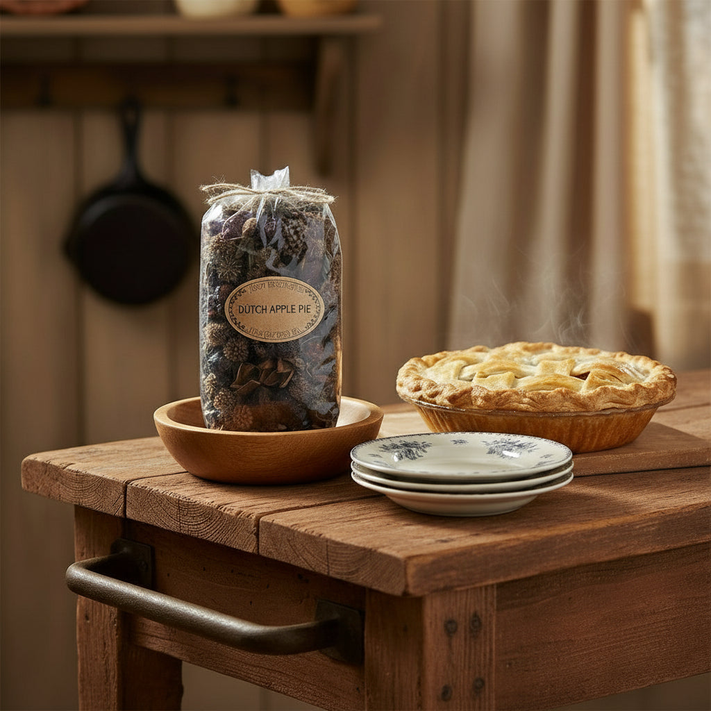 Bag of potpourri in a kitchen setting with a pie.