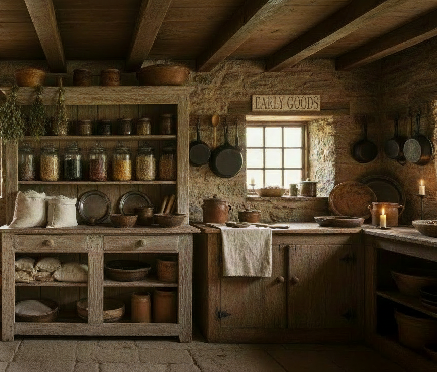 Vintage kitchen with wooden shelves, pots, and pans in a rustic setting.