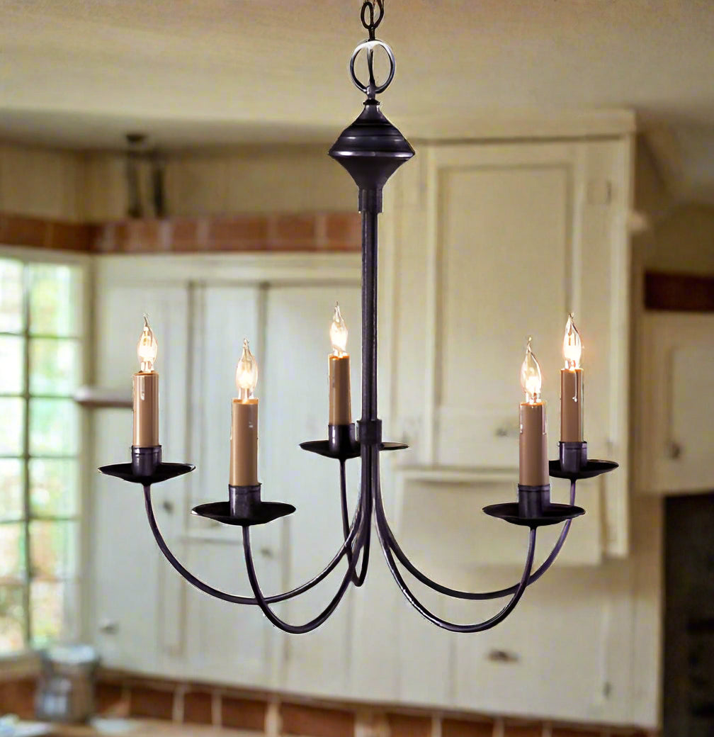 5 arm electrified chandelier with beeswax sleeves and flame tip lit bulbs