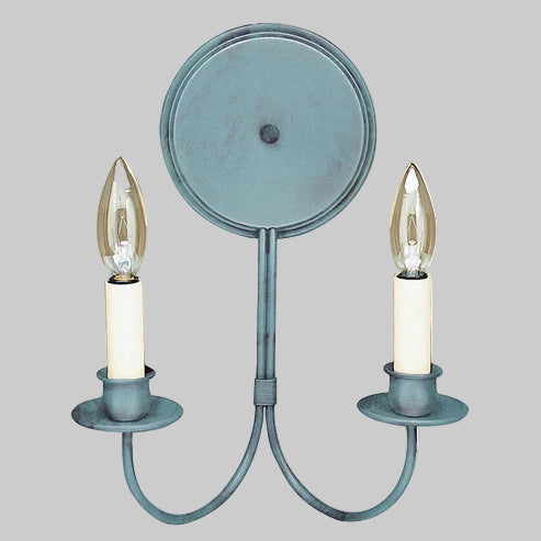 Blue wall sconce with two candle-style light fixtures on a gray background