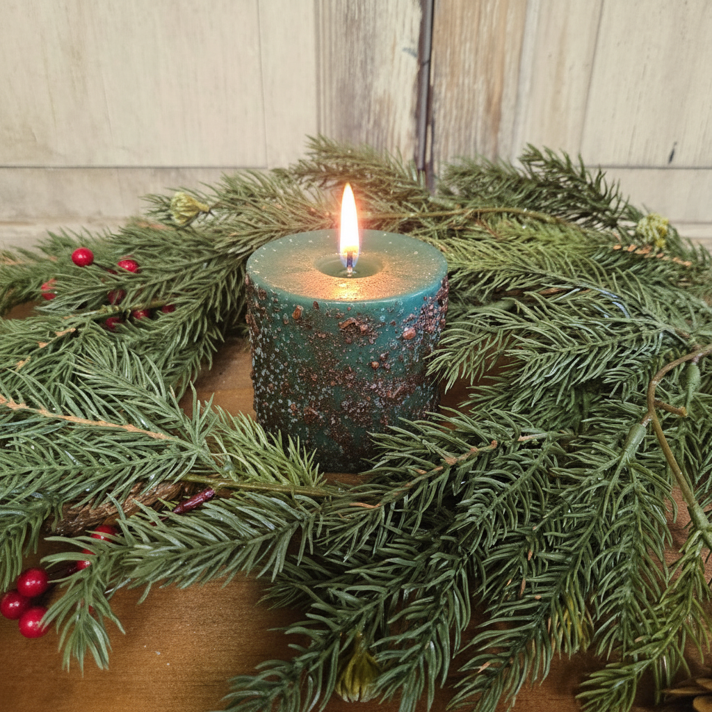 Teal candle with a flame surrounded by greenery on a wooden surface