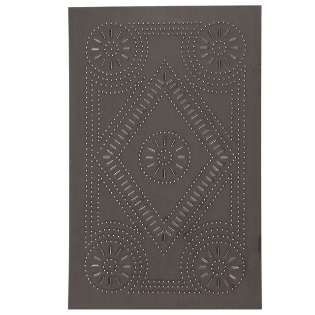 A cabinet door with an extended diamond panel design in a kettle black finish.
