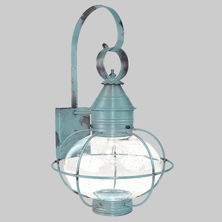 Vintage-style wall lantern with metal cage and blue finish on a white background