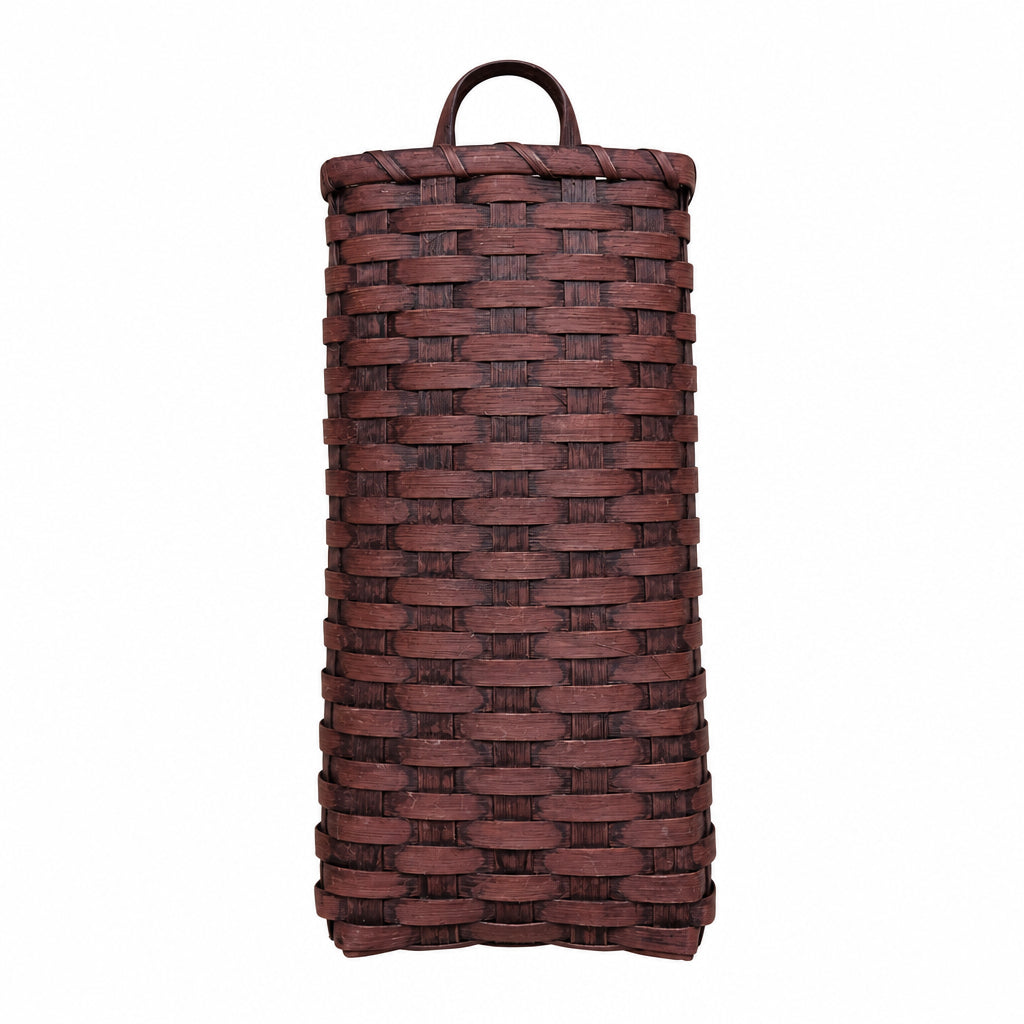 A tall, cylindrical door basket with a burgundy finish on a grey background.
