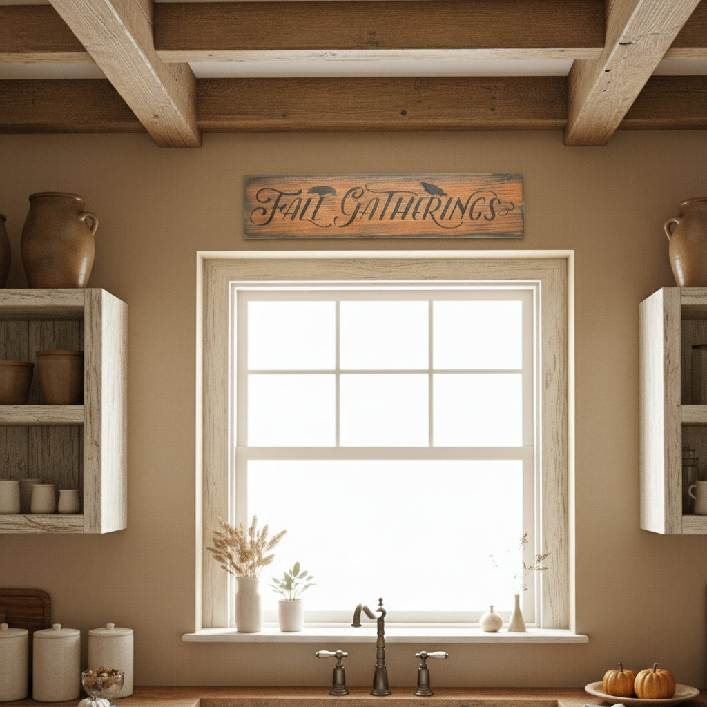 Wooden sign with 'Fall Gatherings' text next to a wreath on a door.