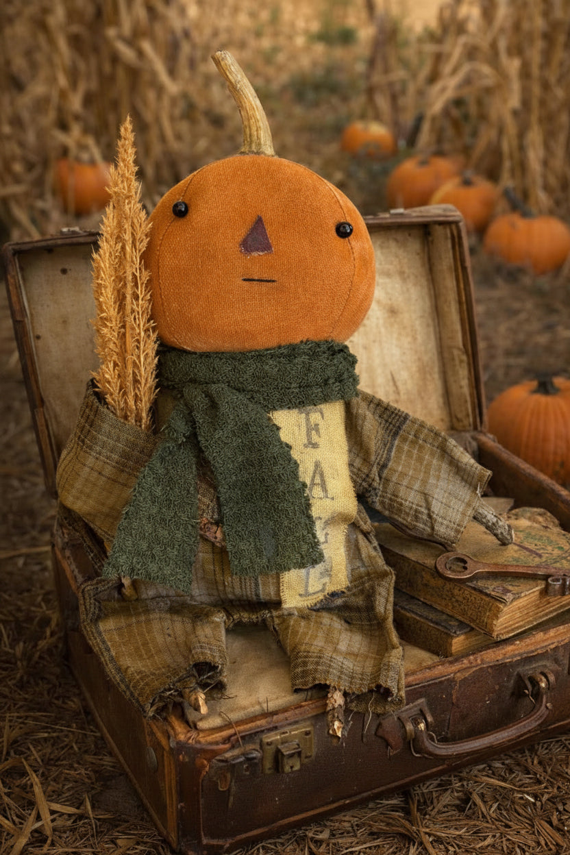 A rustic autumn scarecrow doll with an orange felt pumpkin head, green scarf, and plaid shirt sits inside an open vintage suitcase. The scarecrow holds a stalk of wheat and is posed in a cornfield setting with pumpkins in the background.